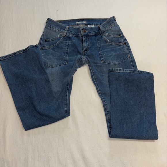 Levis Blue Distressed Low Rise Flare‎ Leg Denim Jeans Pants Y2K Sz 9M JR VTG - Picture 1 of 9